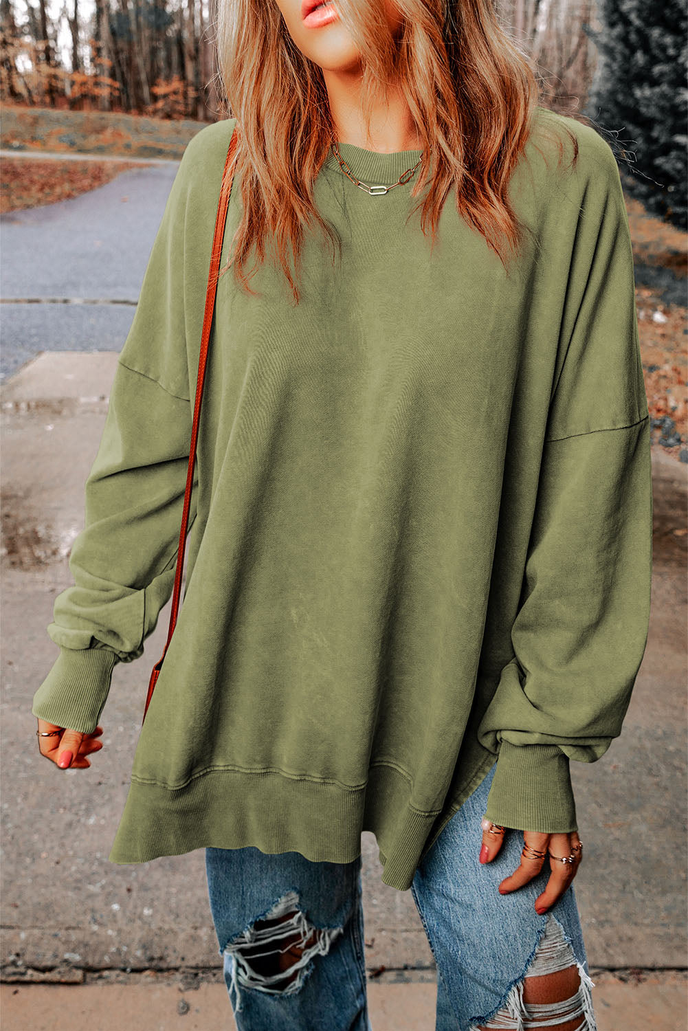 Khaki Drop Shoulder Ribbed Trim Oversized Sweatshirt