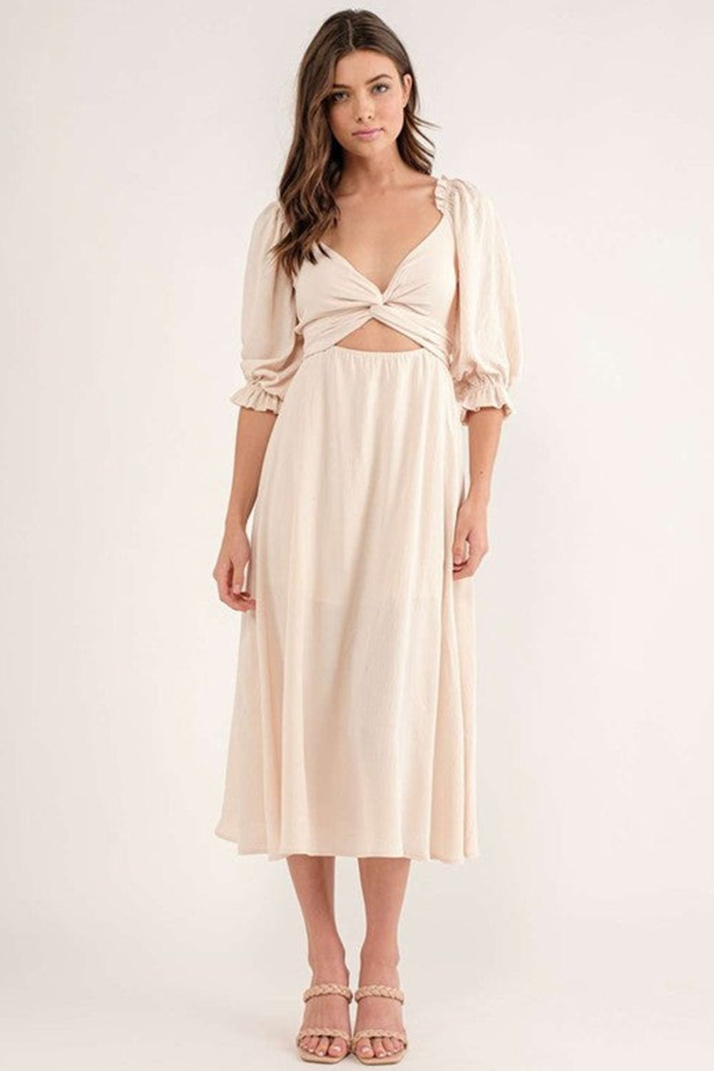 Beige Puff Sleeve Cross Tie Cut Out Maxi Dress