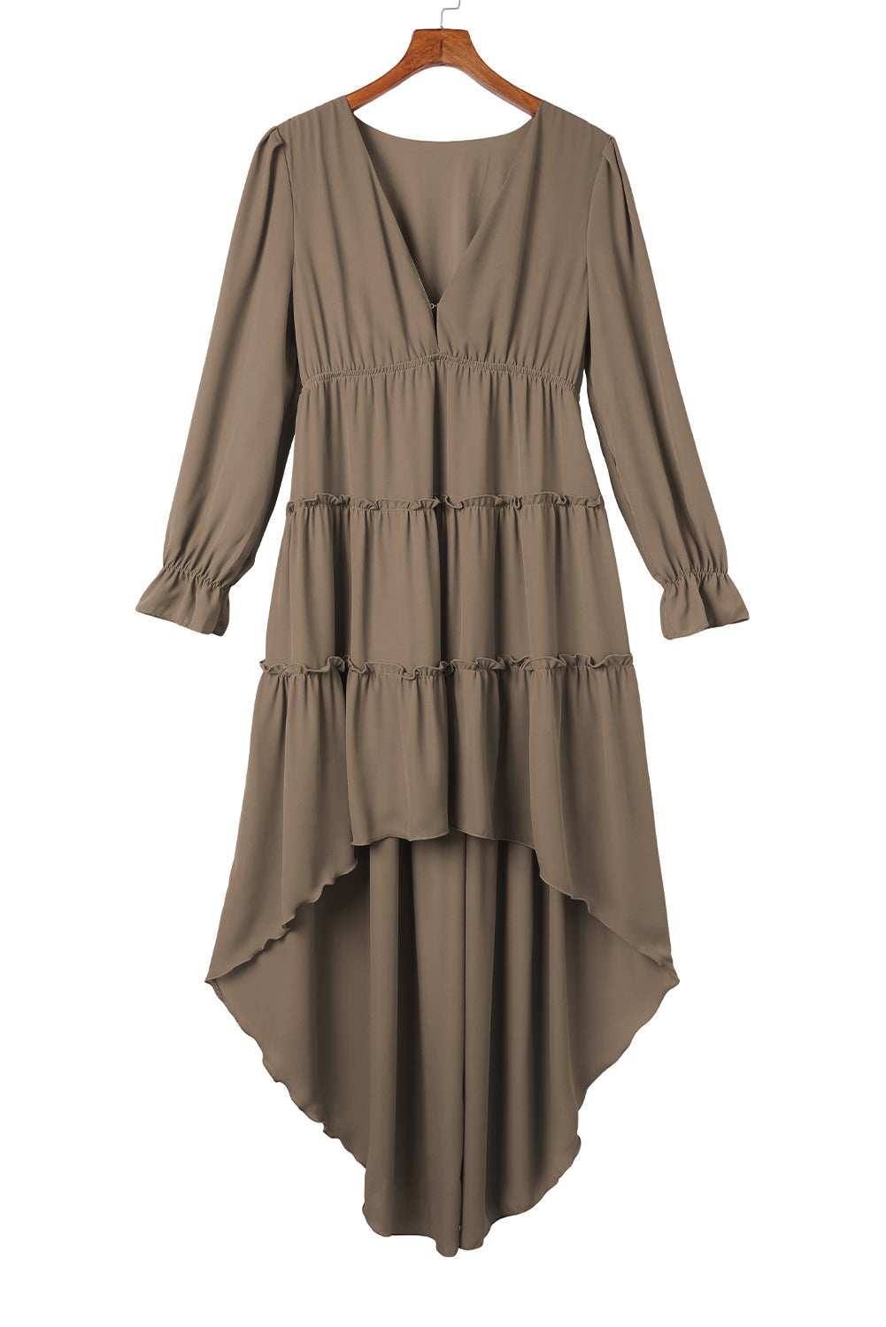 Khaki Tiered Ruffled High Low Long Sleeve Dress
