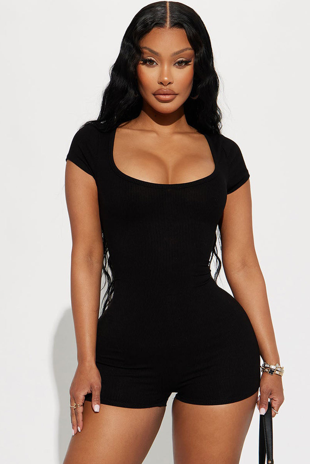 Black Ribbed Square Neck Short Sleeve Athleisure Romper