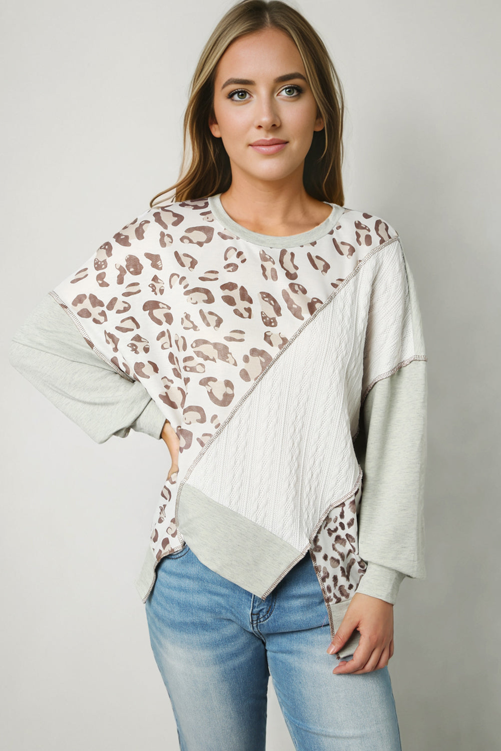 Asymmetrical Leopard Texture Splicing Loose Sweatshirt