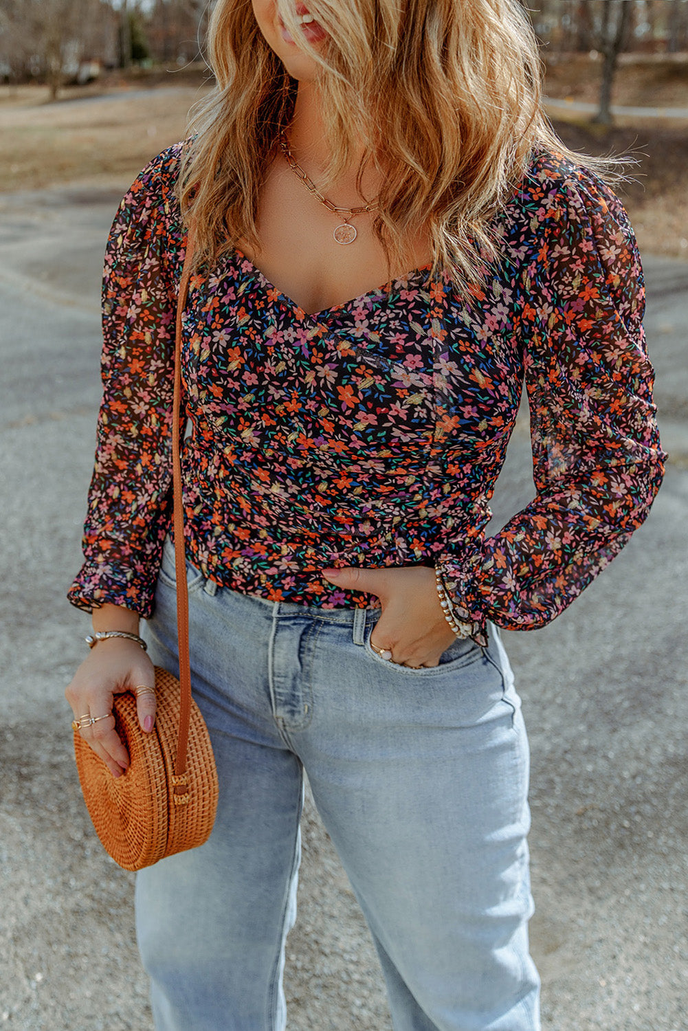 Black  V Neck Bubble Sleeve Floral Blouse