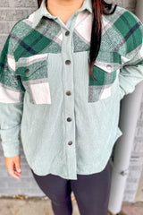 Green Plaid Patchwork Plus Size Corduroy Shacket