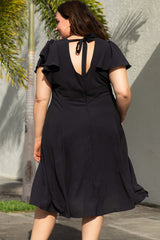 Black Plus Size Flutter Sleeve V Neck Midi Dress