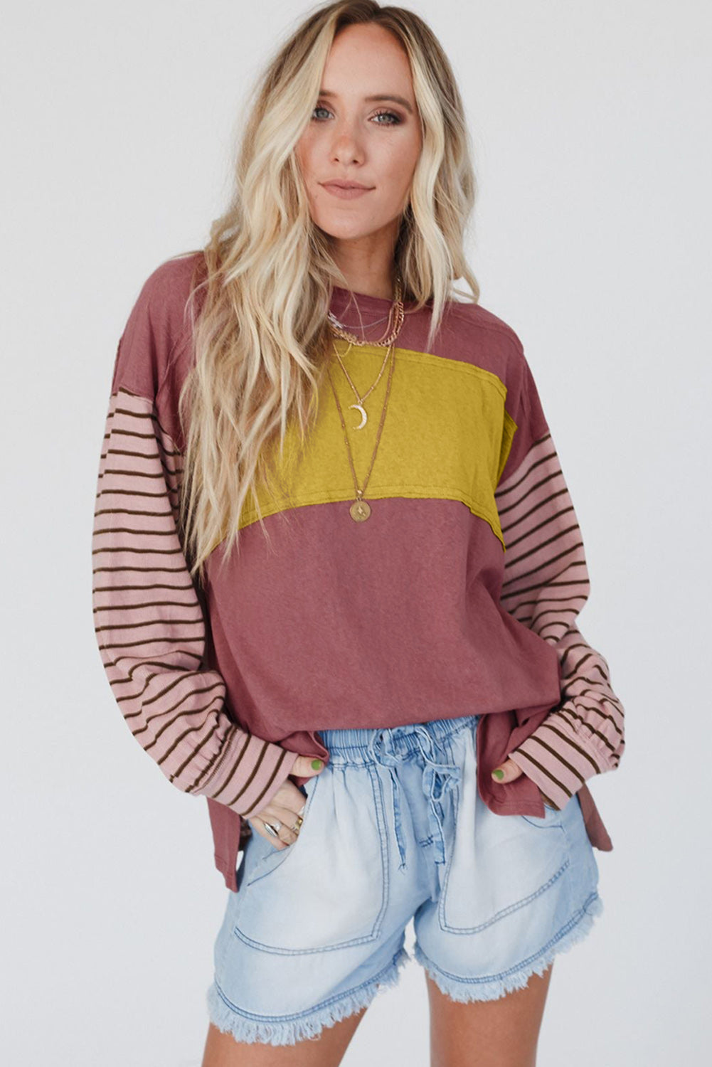 Green Colorblock Striped Bishop Sleeve Top