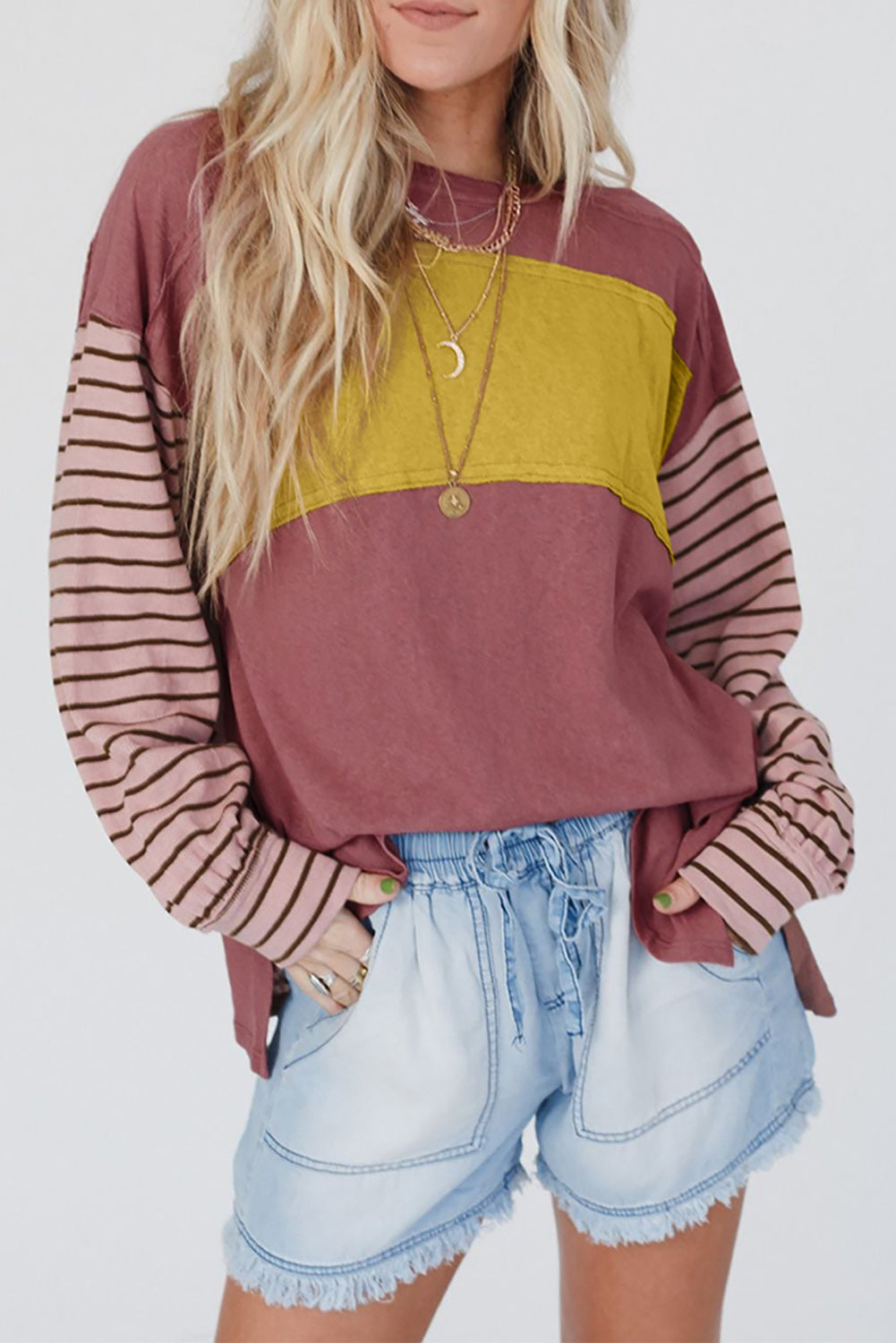 Green Colorblock Striped Bishop Sleeve Top