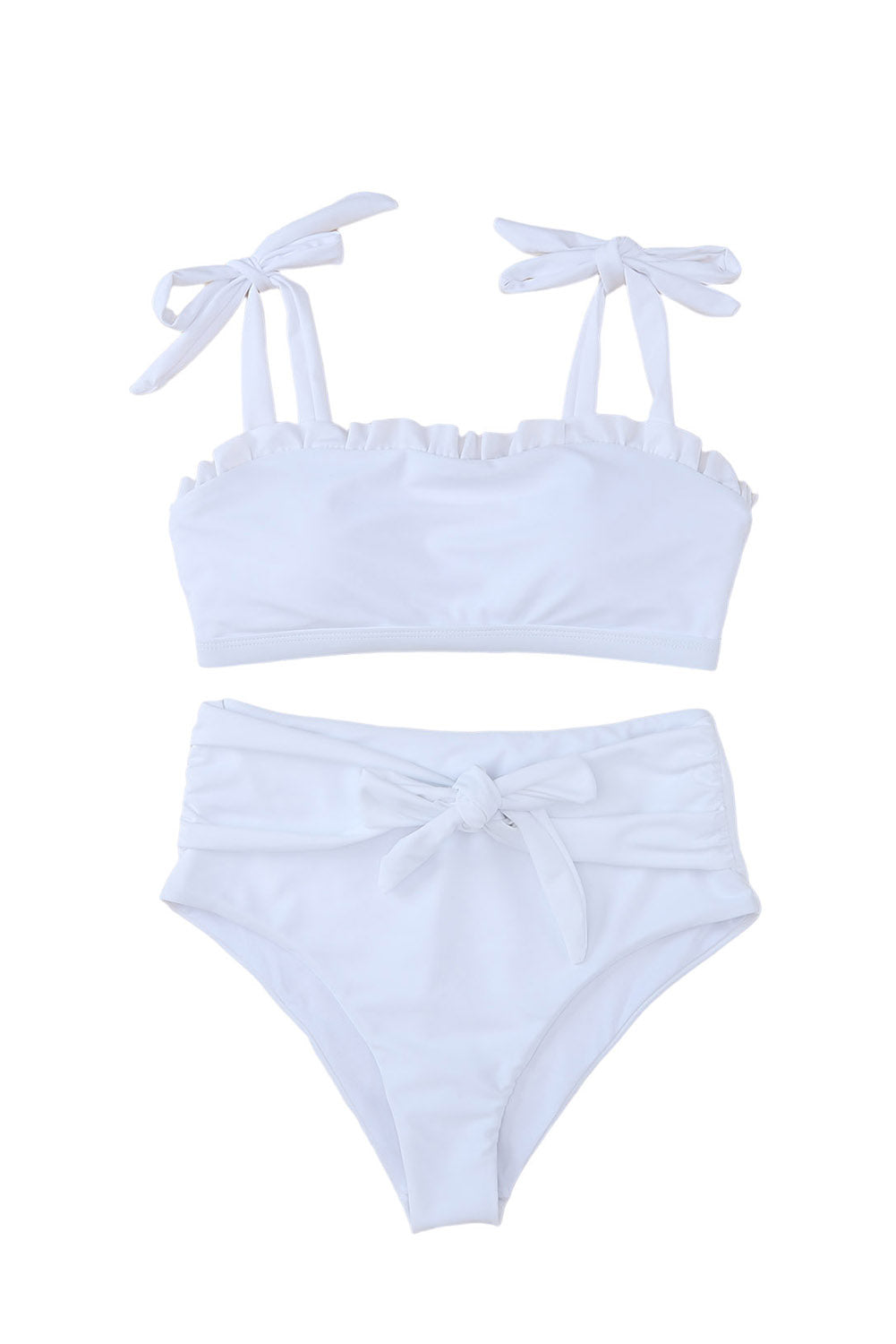 White Frill Trim Tie Shoulder Bikini High Waist Swimsuit