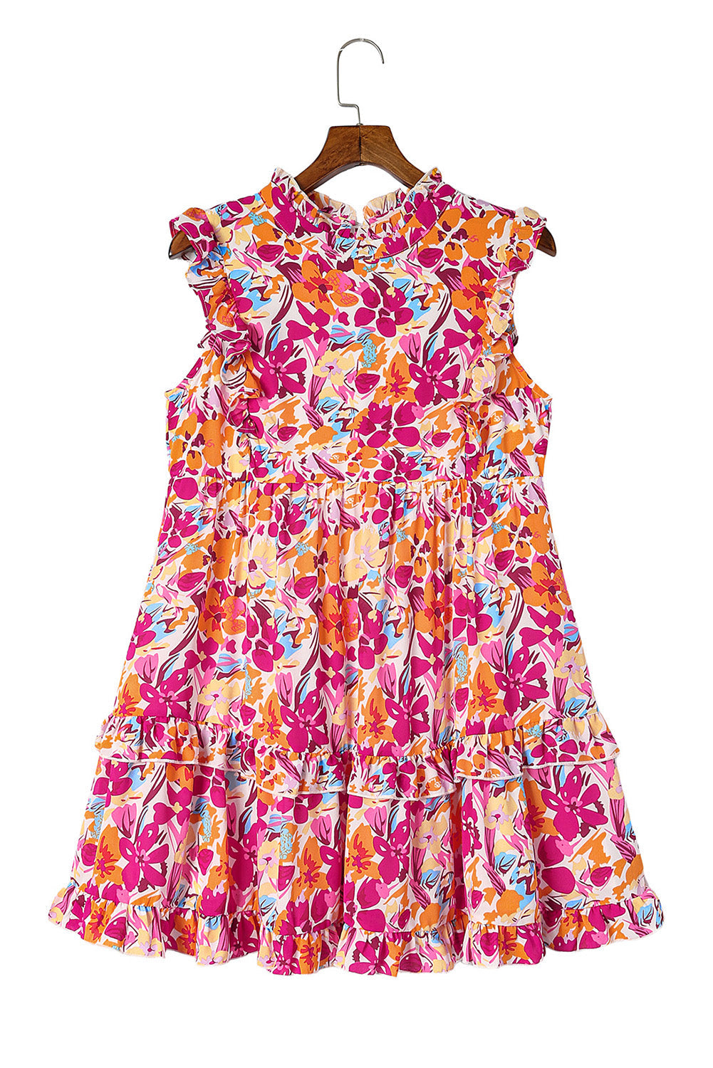 Red Ruffle Trim Tiered Sleeveless Floral Mini Dress