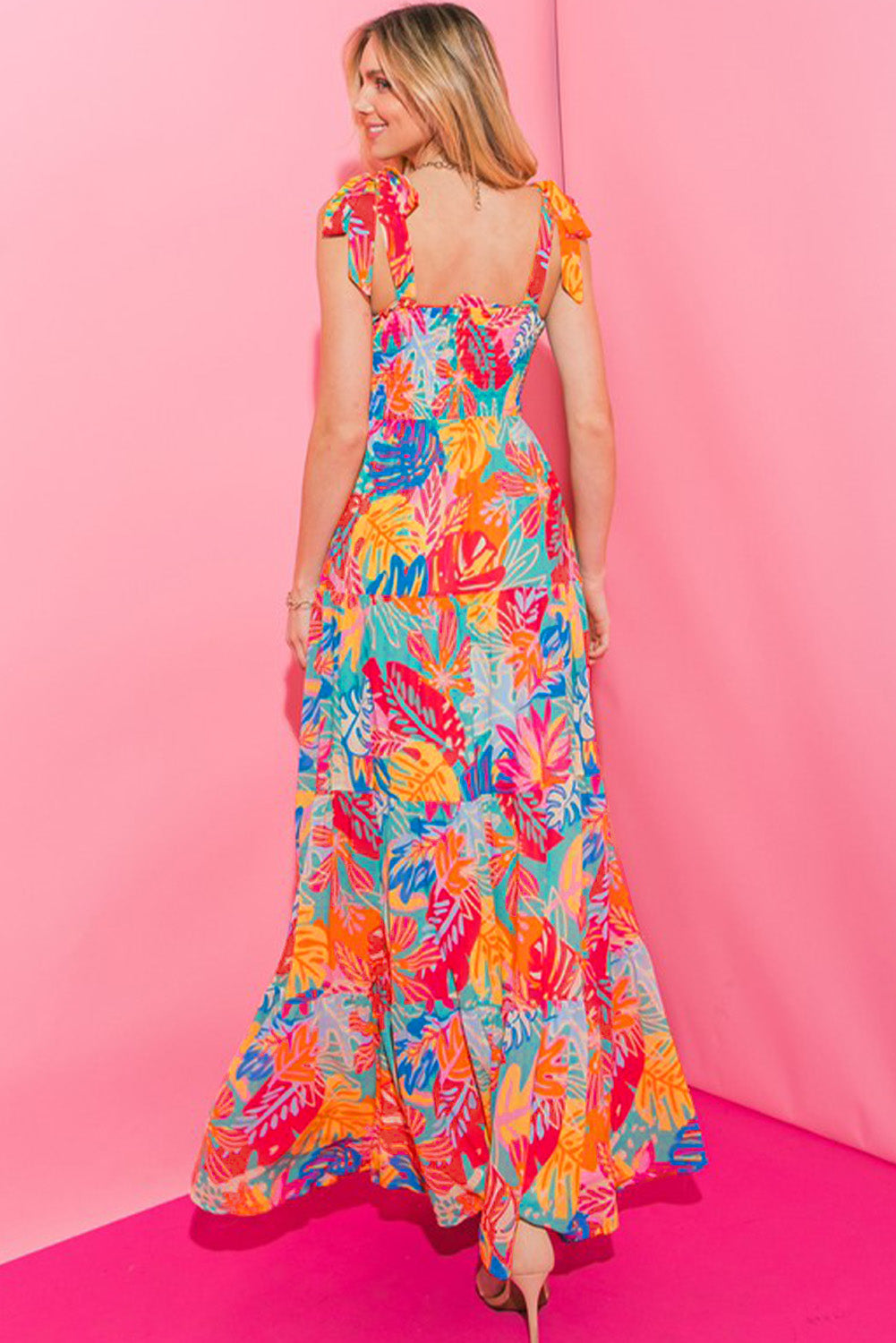 Multicolor Vibrant Tropical Print Smocked Ruffle Tiered Maxi Dress