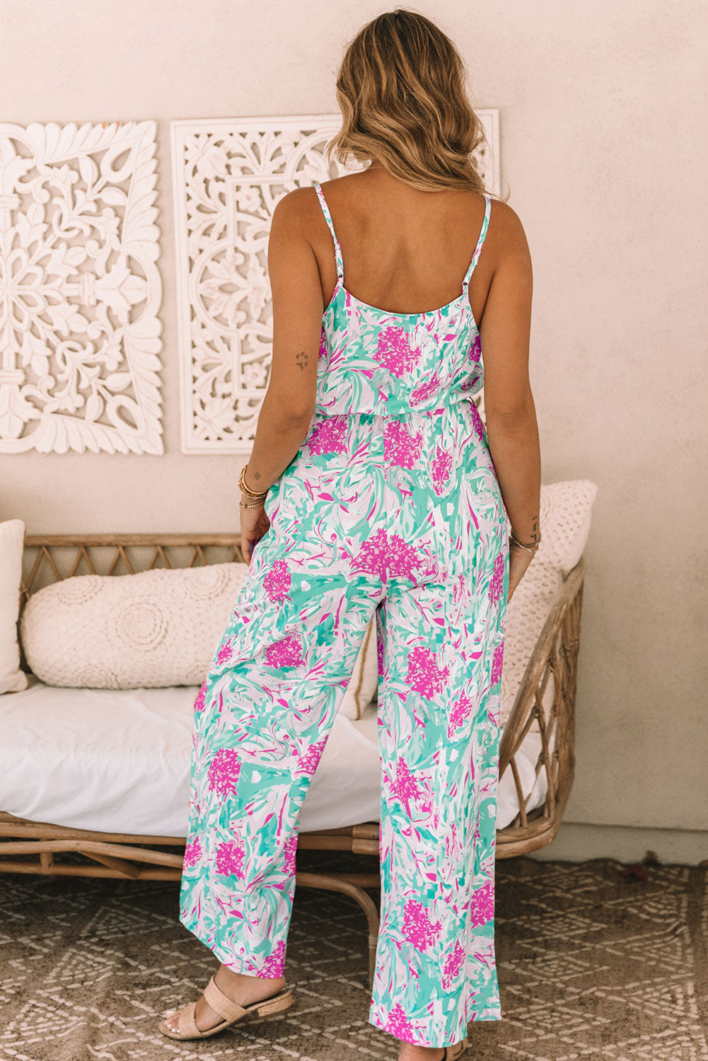 Rose Tropical Floral Spaghetti Straps Belted Plus Size Jumpsuit