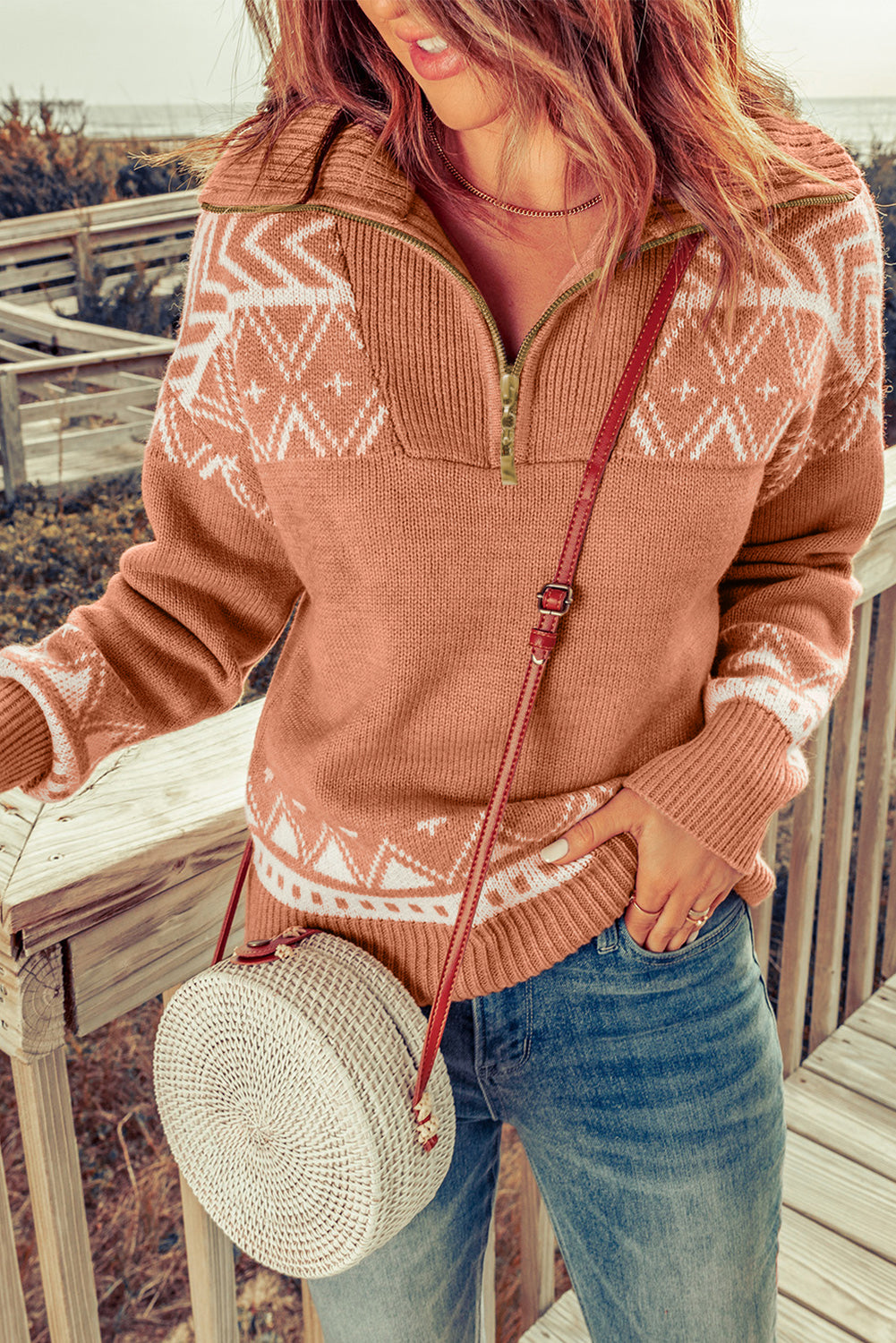 Blue Geometry Knit Quarter Zip Sweater