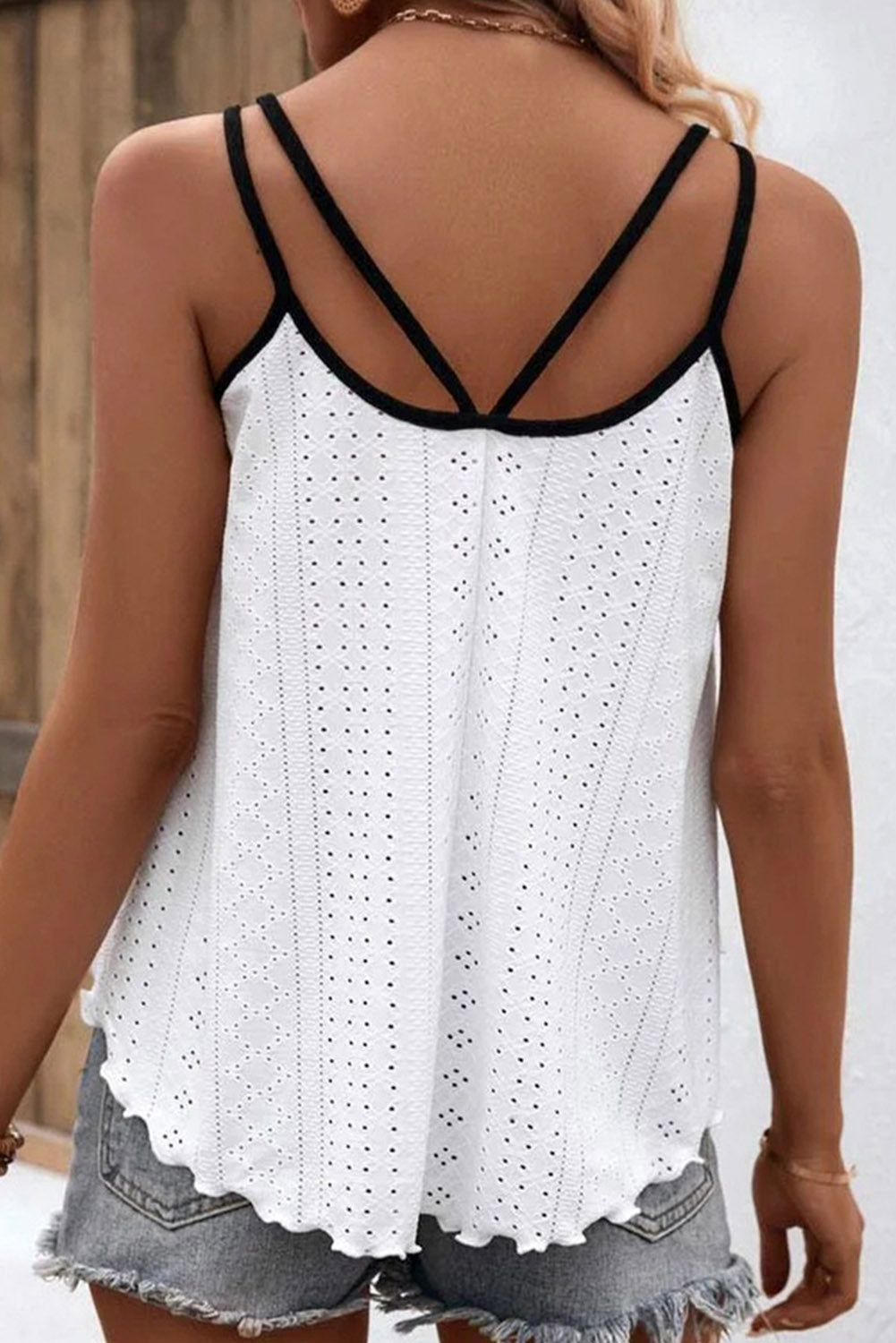 White Two Tone Splicing Eyelet Textured Tank Top