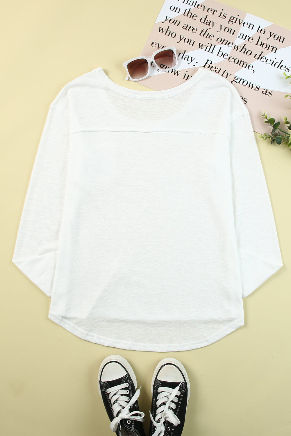 White Plain Basic Long Sleeve Tee with Pocket