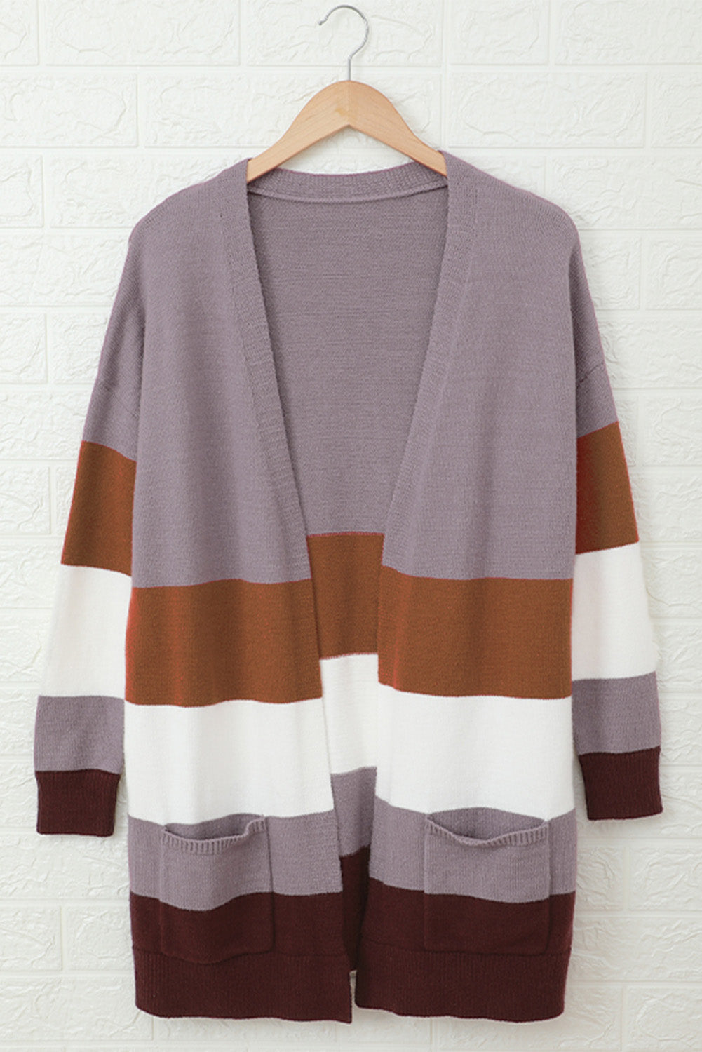 Khaki Open Front Colorblock Cardigan with Pockets