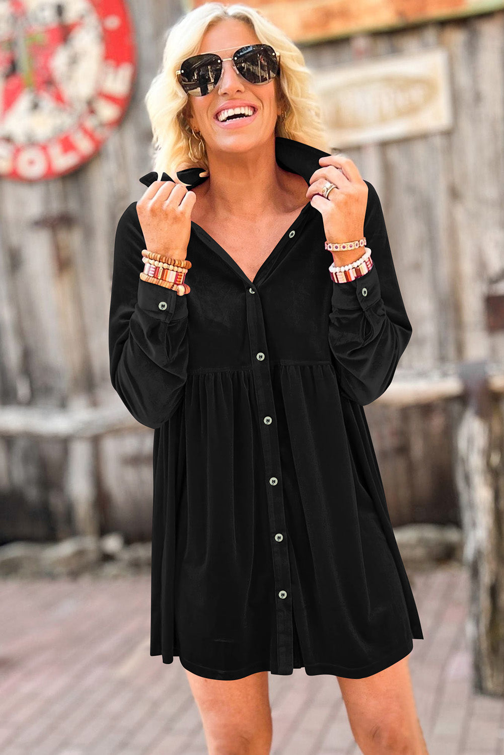 Rose Long Sleeve Ruffle Velvet Button Up Dress