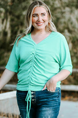 Green Plus Size Ruched Rib Drawstring V Neck Top