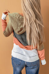 Multicolor Zipped Front Colorblock Hollow-out Knit Hoodie