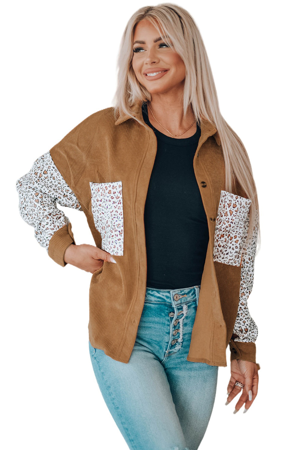 Gray Leopard Patchwork Corduroy Buttoned Shirt Jacket