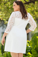 White Plus Size Lace Mesh Splice Babydoll Dress