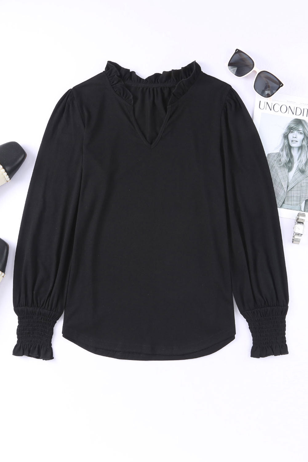 Black Frill V Neck Puff Long Sleeve Top