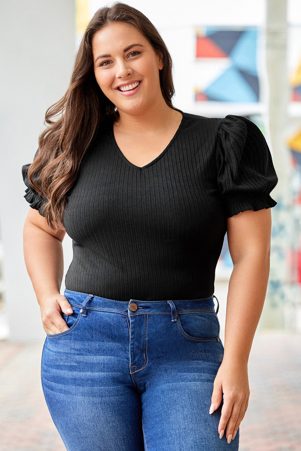 Black Plus Size Ribbed Knit Puff Sleeve Bodysuit