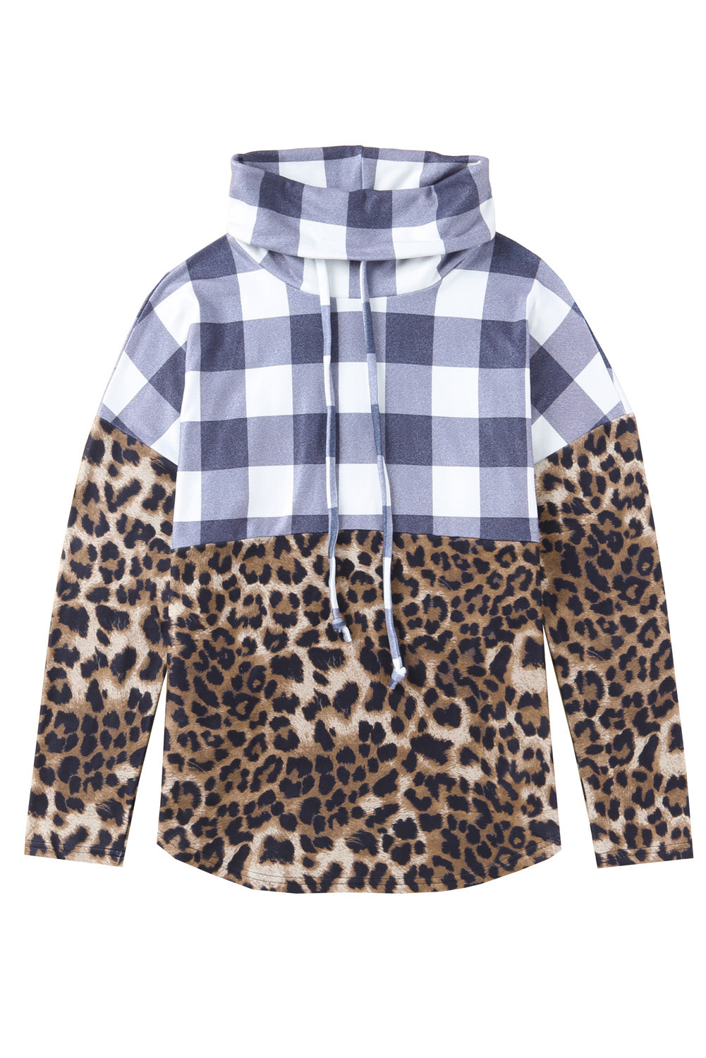 Leopard Plaid Patchwork Cowl Neck Sweatshirt