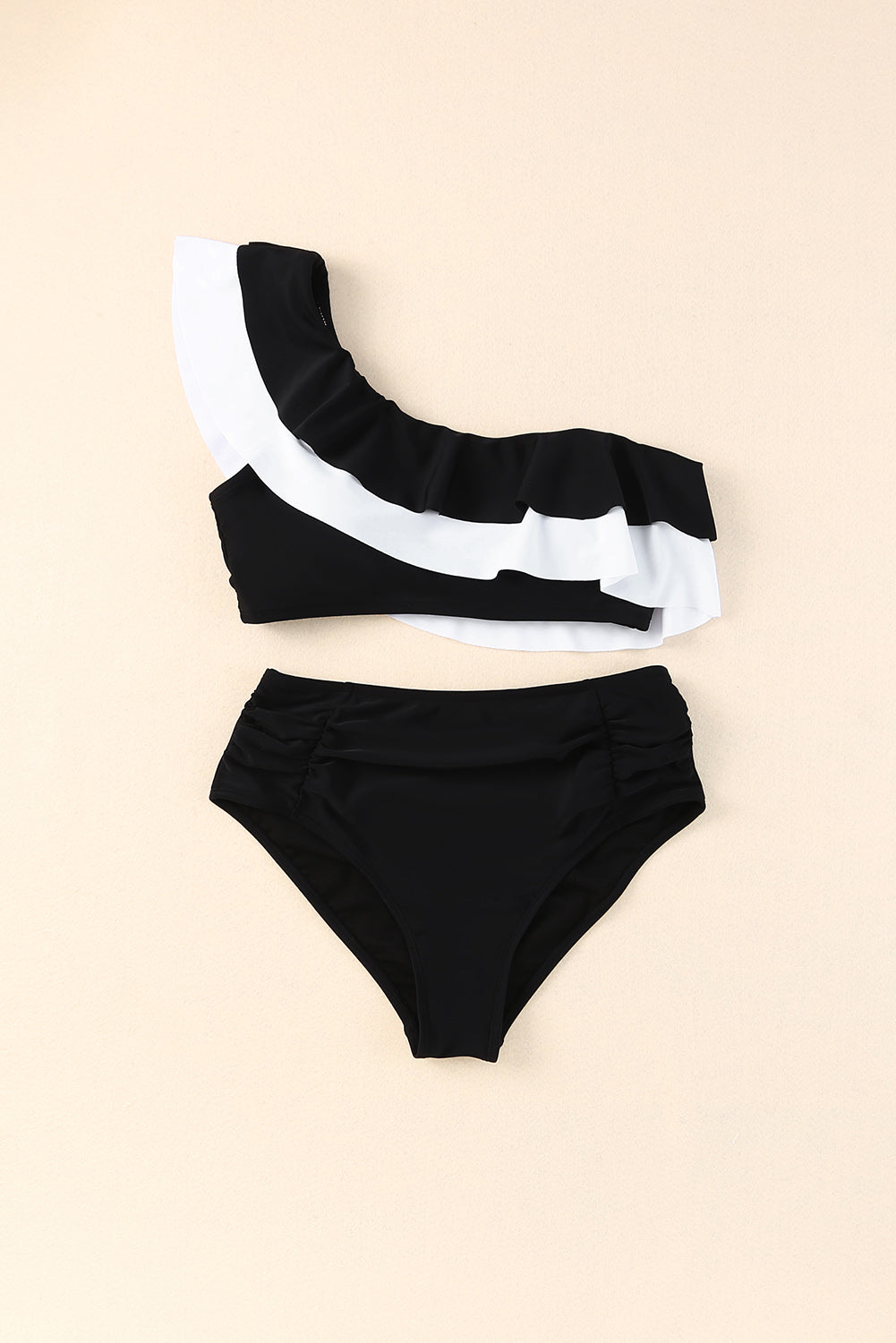 Black Color Block Flounce Ruched One Shoulder Bikini