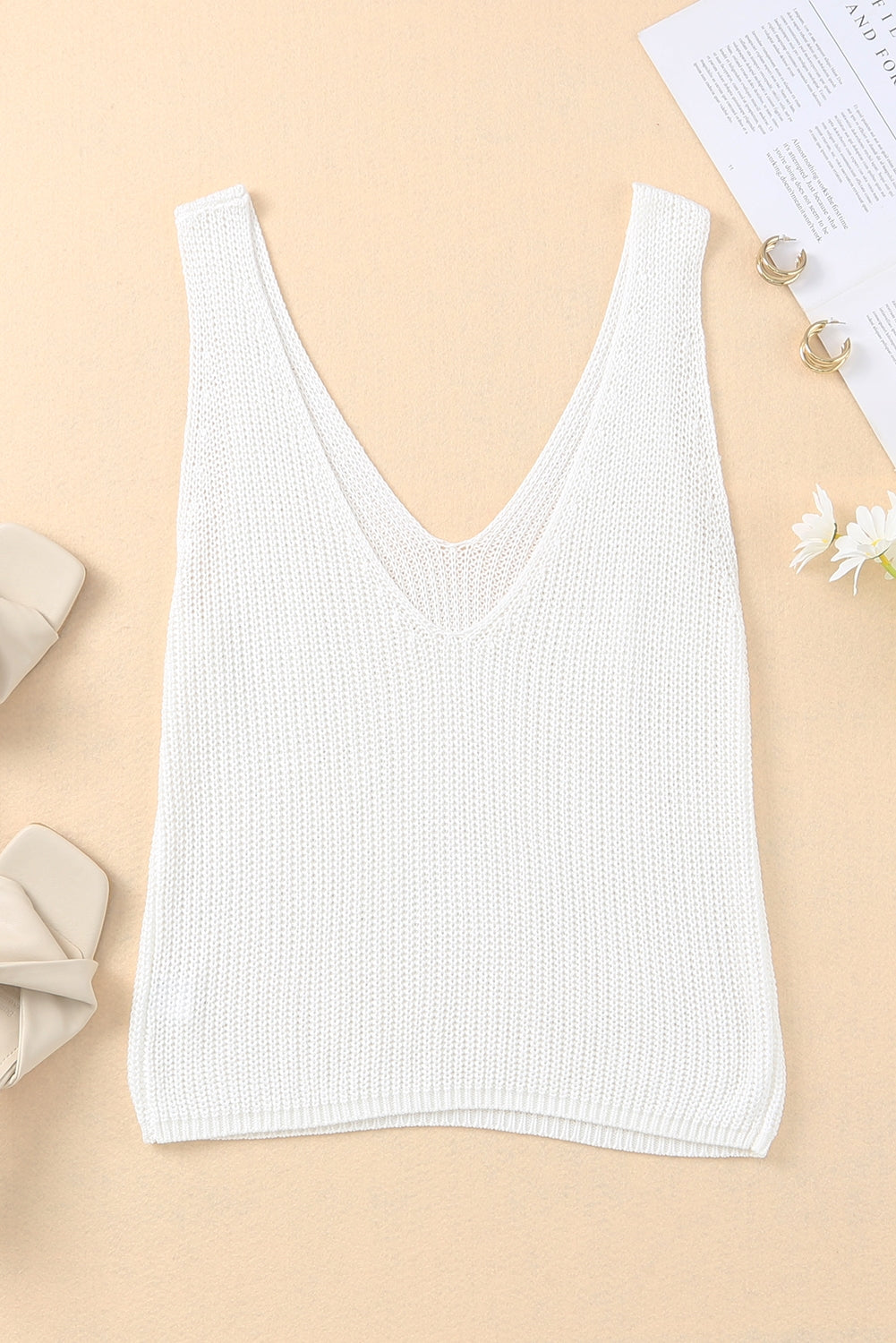 White Rib Knit Open Back Deep V Neck Tank Top