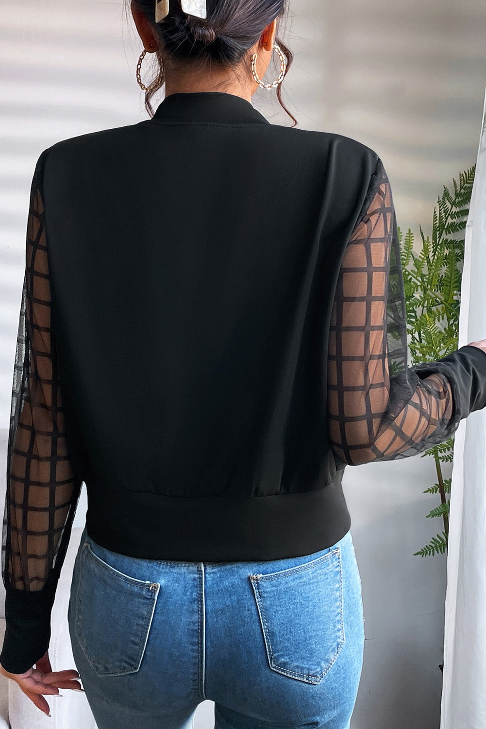 Black Latticed Mesh Sleeve Zip Up Bomber Jacket