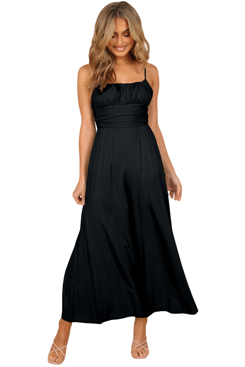 Black Spaghetti Straps Backless Knot Wide-Leg Jumpsuit