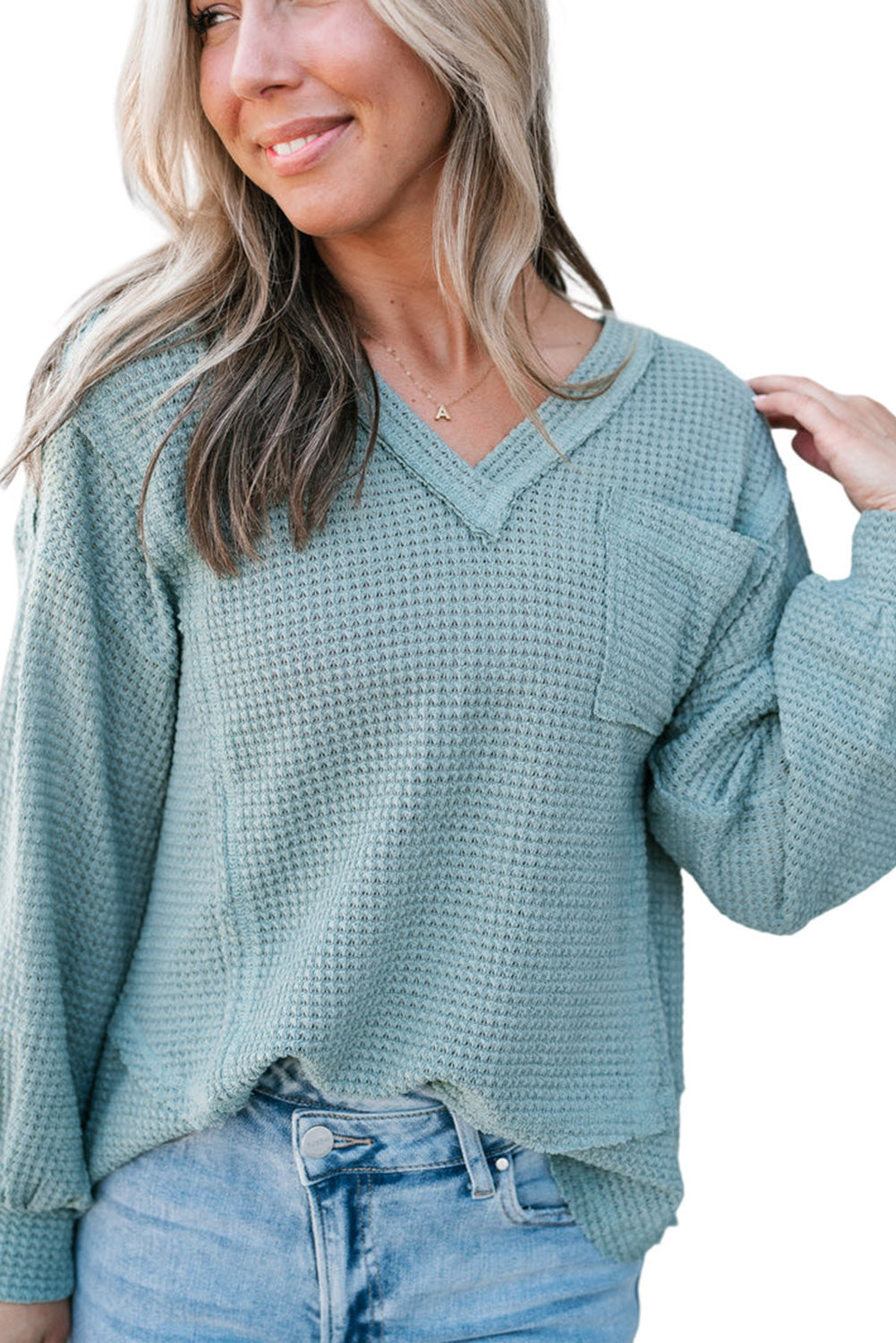 Mist Blue Raw Edge Detail Waffle Knit V Neck Top