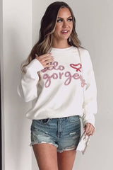 White Hello gorgeous Graphic Ribbed Trim Sweater