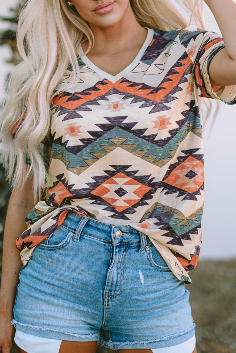 Beige Western Aztec Print Short Sleeve Top