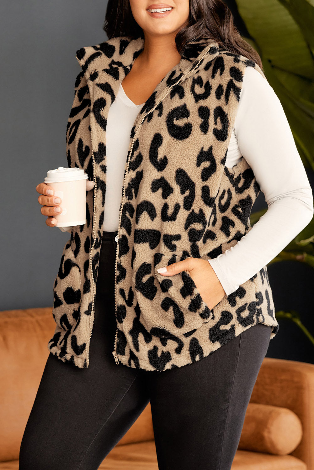 Leopard Plus Size Stand Neck Zipped Front Sherpa Jacket Vest