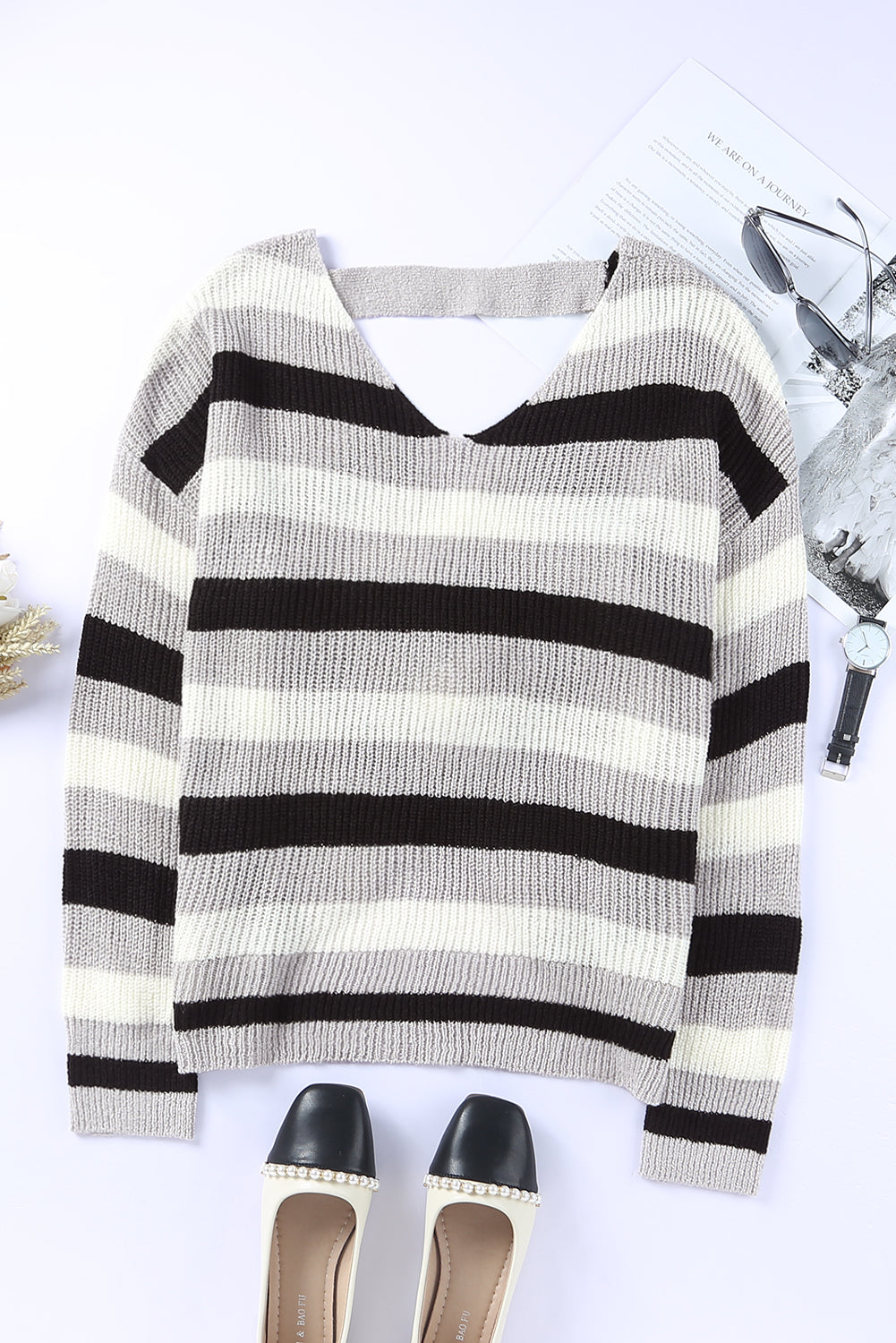 Striped Color Block Cut Out Back Plus Size Sweater