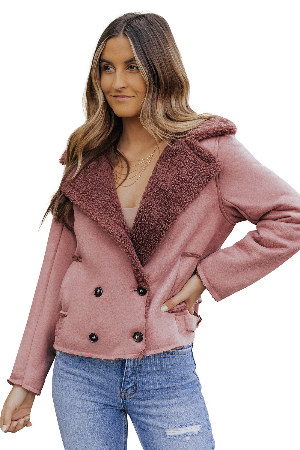 Pink Plush Lining Suede Cropped Double Breasted Coat