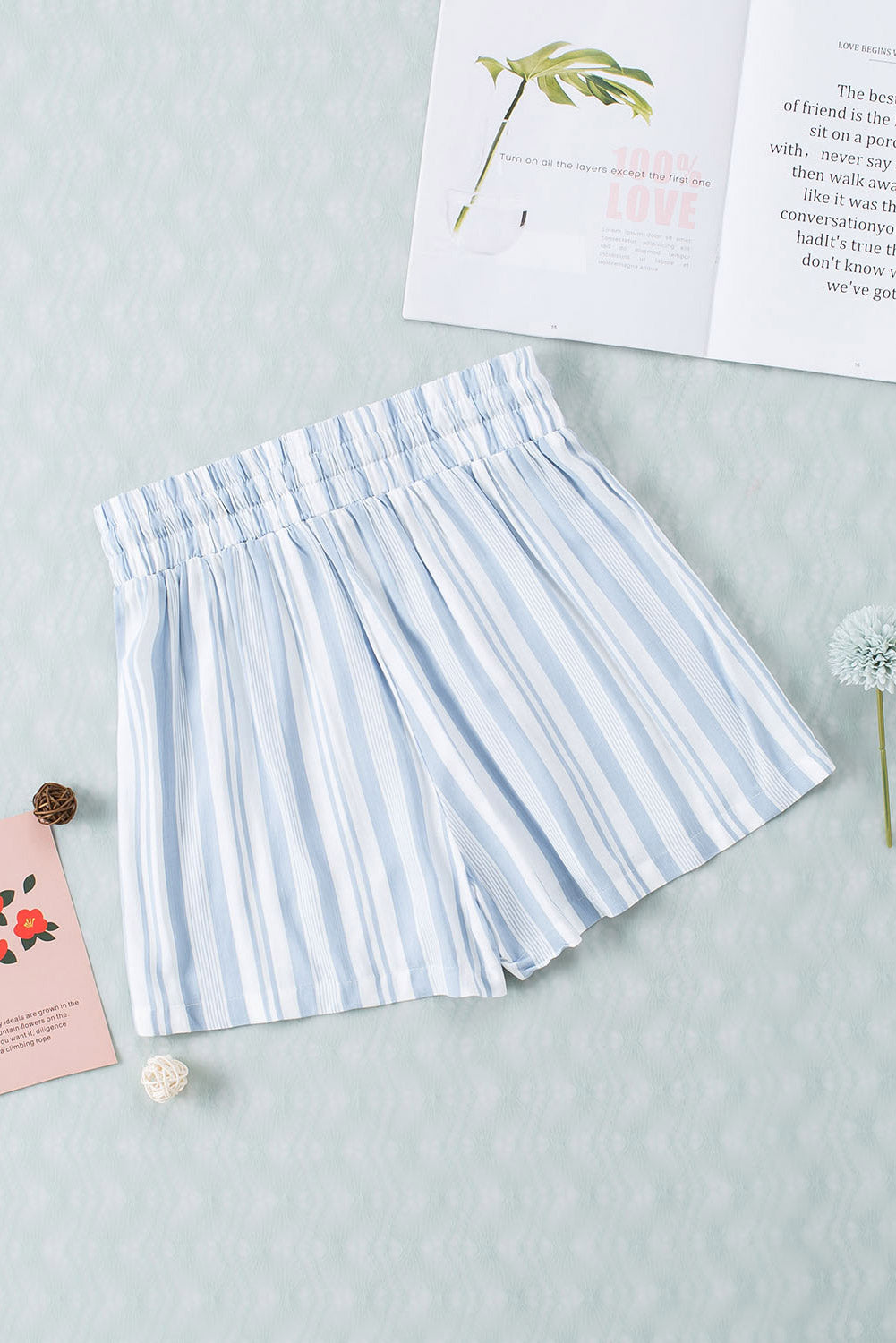 Sky Blue Vertical Stripes Print Shorts with Pockets