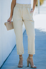 Beige High Rise Paper Bag Waist Pocketed Casual Pants