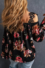 Black Floral Print Lace Patchwork Loose Cold Shoulder Blouse