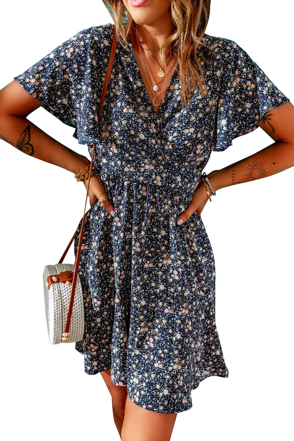 Blue Floral Print Tie Knot Ruffled Short Sleeve Mini Dress