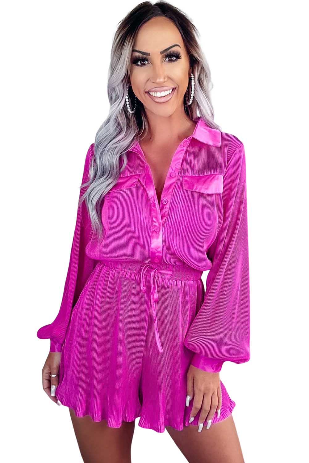 Rose 3/4 Sleeves Pleated Shirt and High Waist Shorts Lounge Set