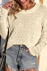 Beige Eyelet Knit Ribbed Trim Sweater