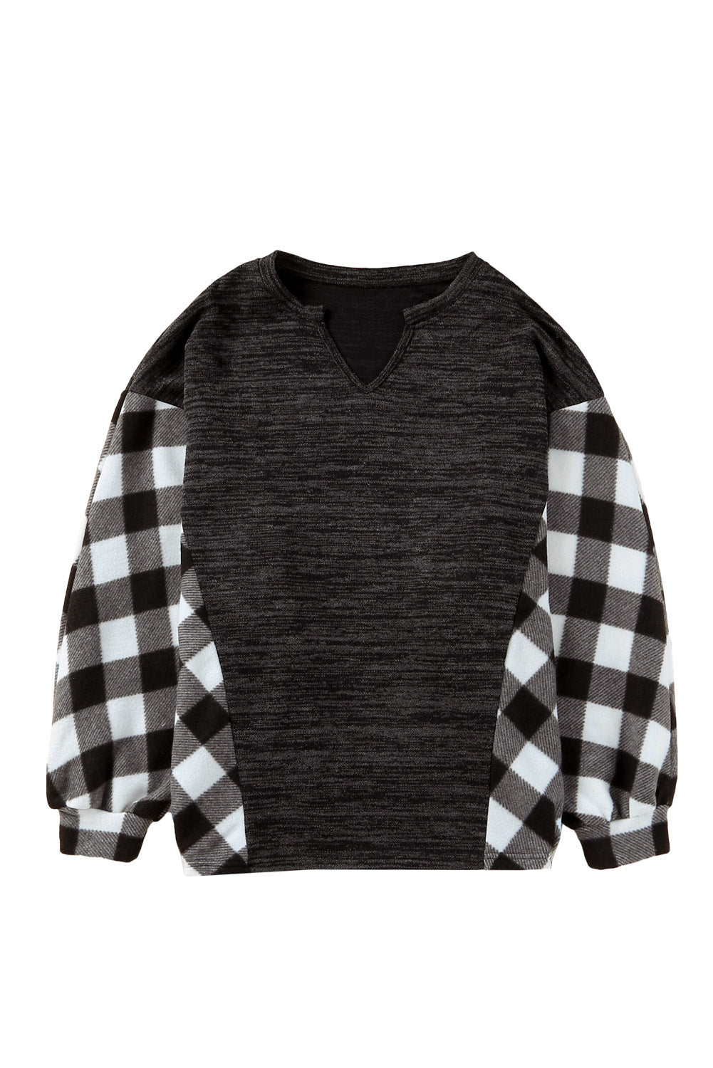 Black Buffalo Plaid Splicing Split Neck Knit Top