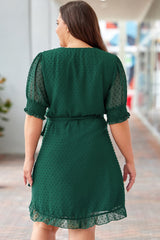 Green Plus Size Swiss Dot Puff Sleeve Wrap Dress