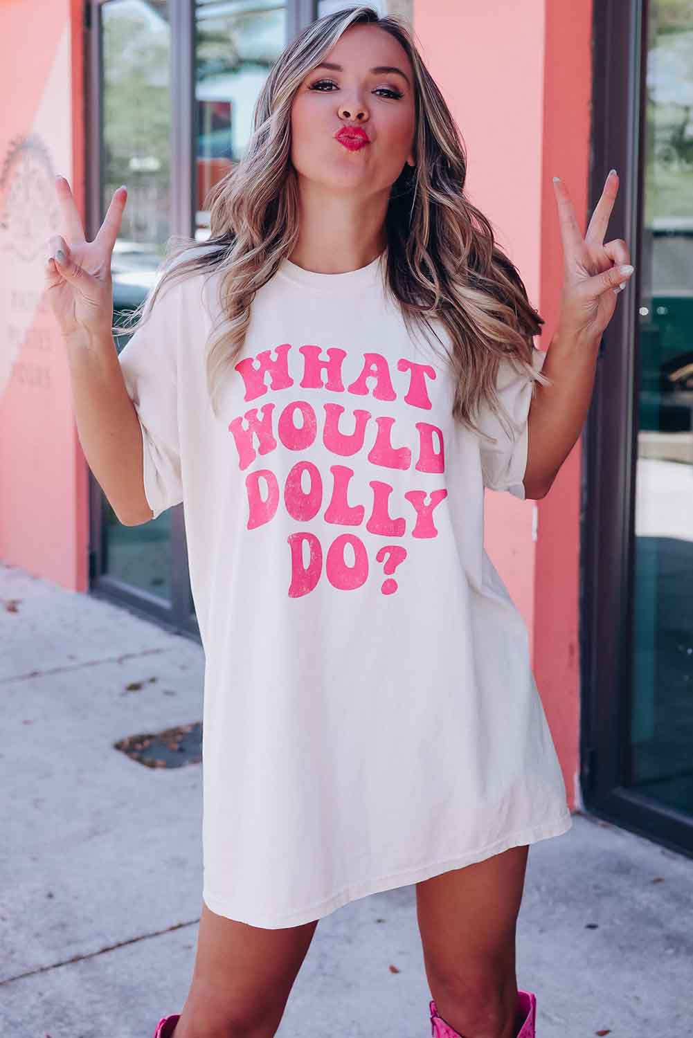 Beige WHAT WOULD DOLLY DO Printed Boyfriend T Shirt