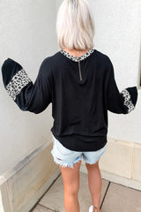 Black Leopard Print Balloon Sleeve Crew Neck Top