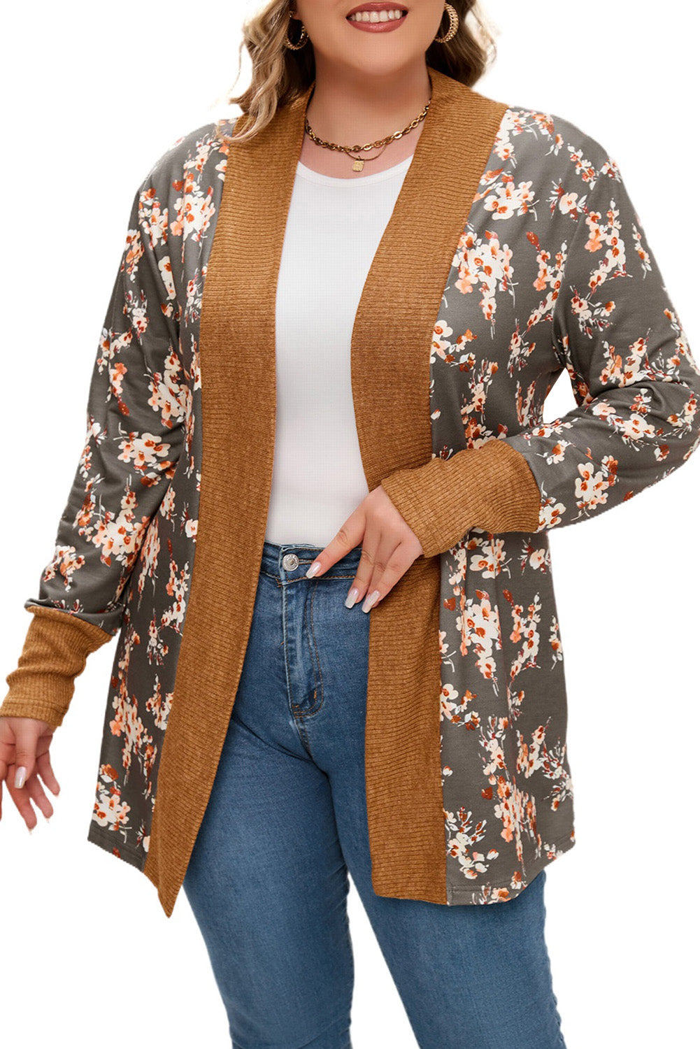 Brown Floral Patchwork Knitted Plus Size Cardigan