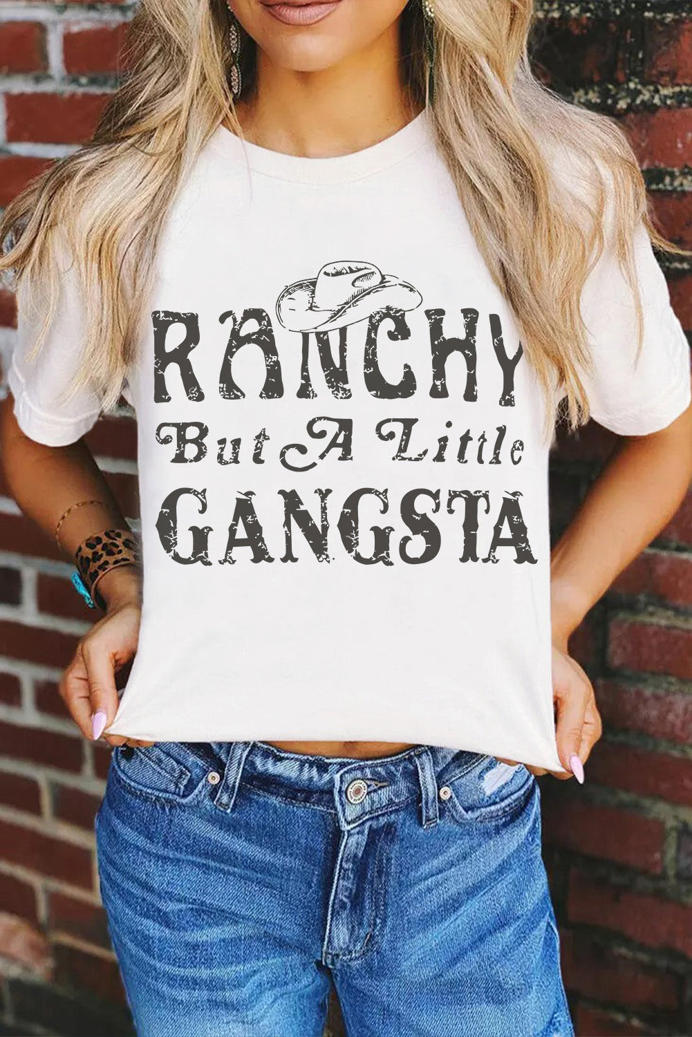 White Western Slogan Letter Print Short Sleeve T Shirt