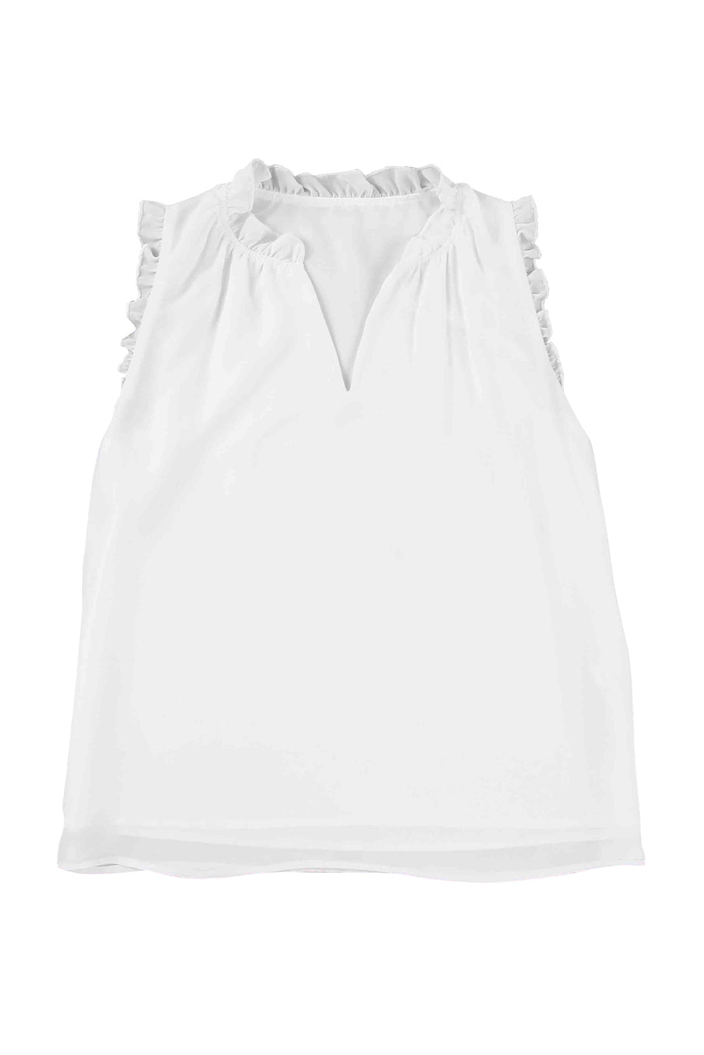 White Solid Color V Neck Frill Trim Tank Top