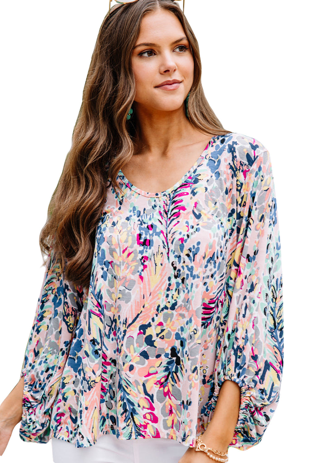 Pink Floral Print Ruffle Sleeve Babydoll Top